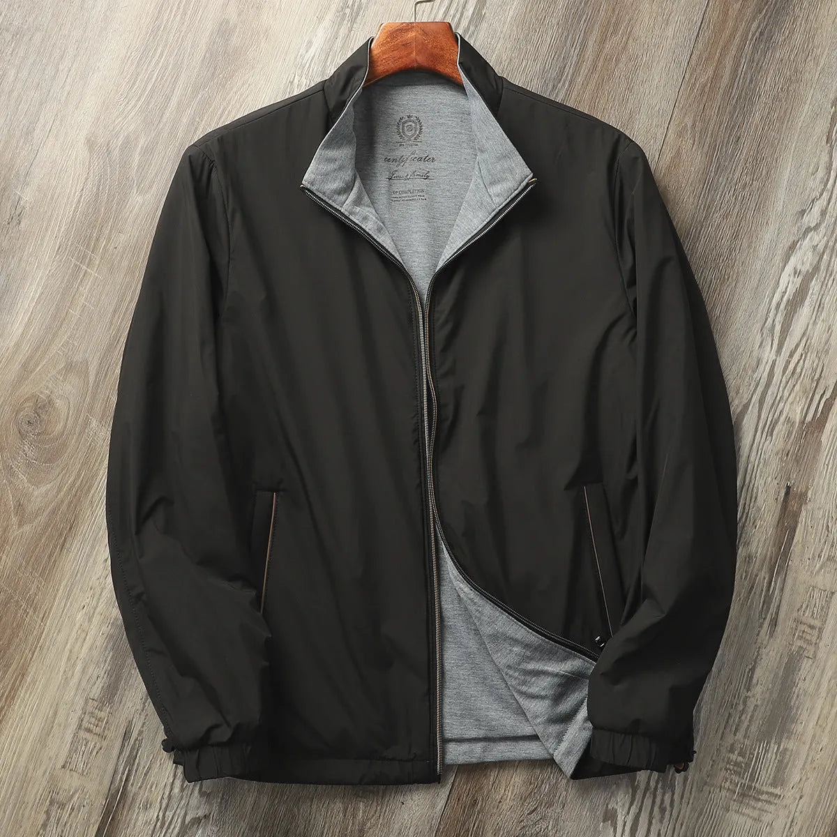 Men's stand collar jacket in polyester blend available in Army Green, Black, Blue and Orange colours