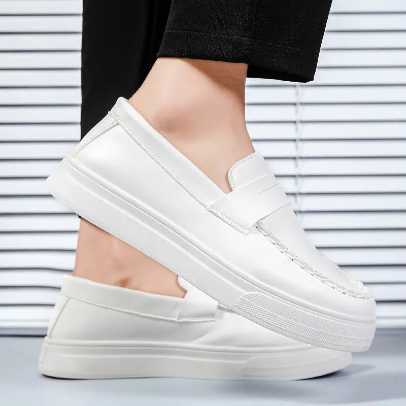 British style casual leather shoes in artificial PU material with round toe, shown in white colour