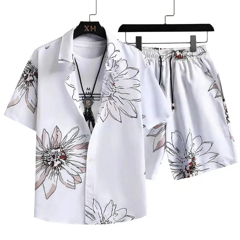 Men's digital print cardigan suit with short sleeve shirt and elastic shorts in polyester fabric