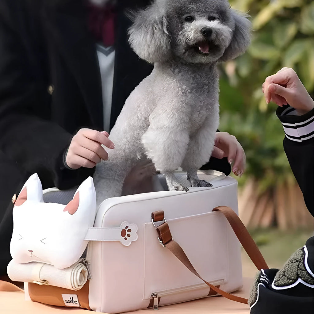 Beige hard-sided outdoor pet carrier with EPE padding, dimensions 43x25x22.5 cm