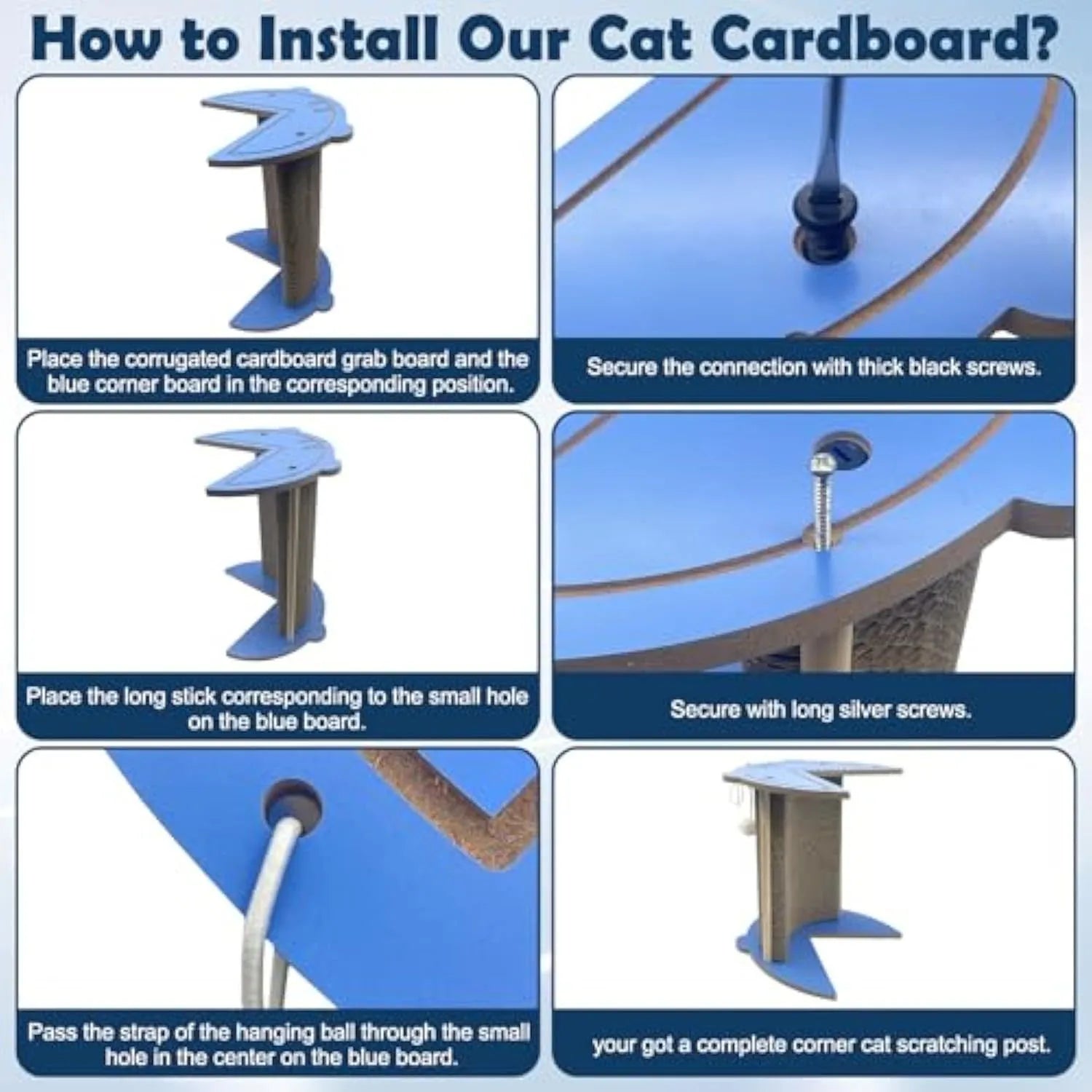 Dark grey vertical cat corner scratching pad with hanging ball on a cardboard surface.