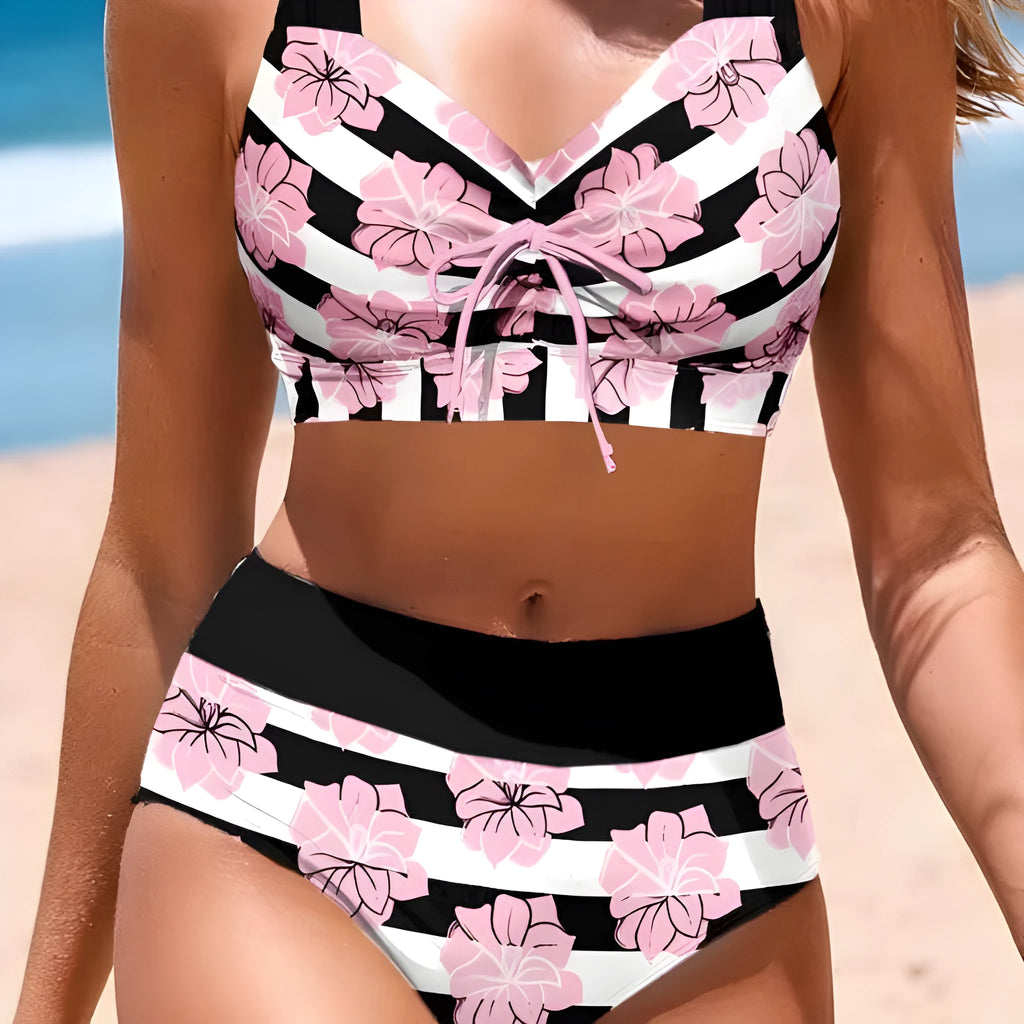 Black women's split bikini with belly coverage for swimming