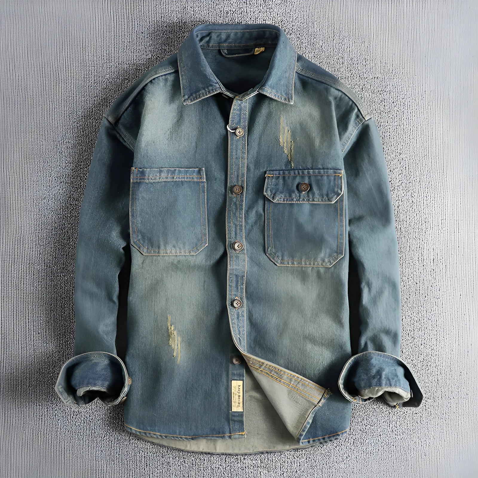 Men's washed vintage denim shirt in light blue loose fit cardigan style
