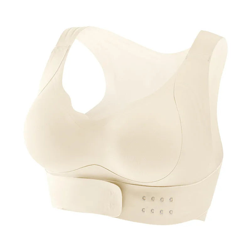Women's front fastening sports bra in black, showing double shoulder straps and 3/4 cup design.