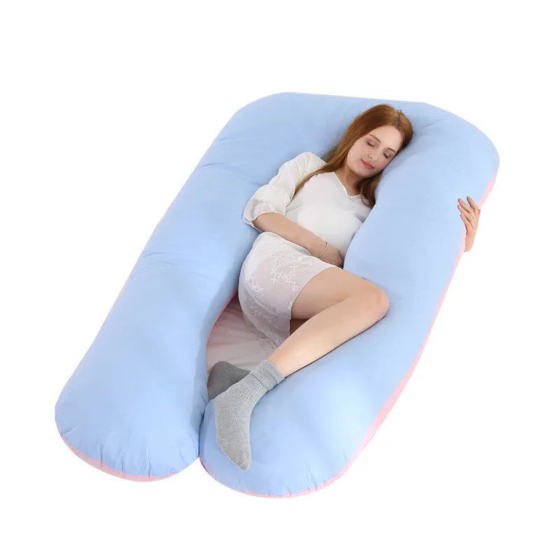 Large U-shaped pregnancy support pillow with removable cover in choice of fabrics.
