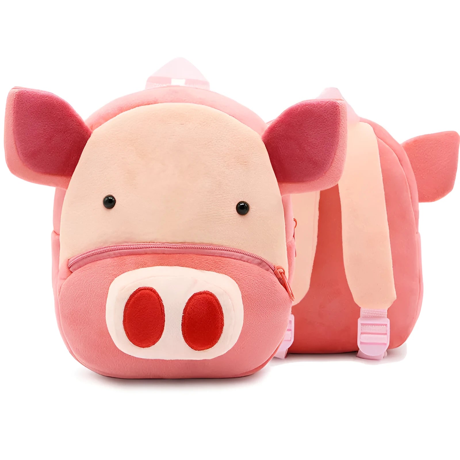 Plush children's backpack with animal design showing soft texture and zipper opening