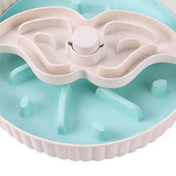 Pet food basin with rotating game board and anti-choke silicone pad in various colours with slow food mat patterns