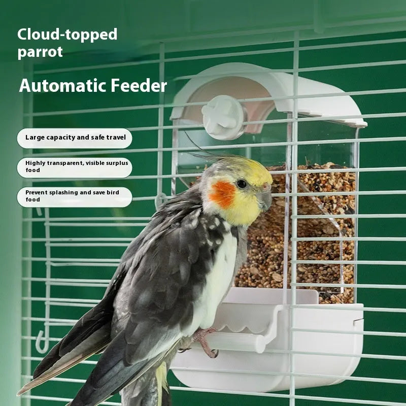 Parrot automatic pet feeder plastic acrylic dome small size white green yellow transparent long ladder