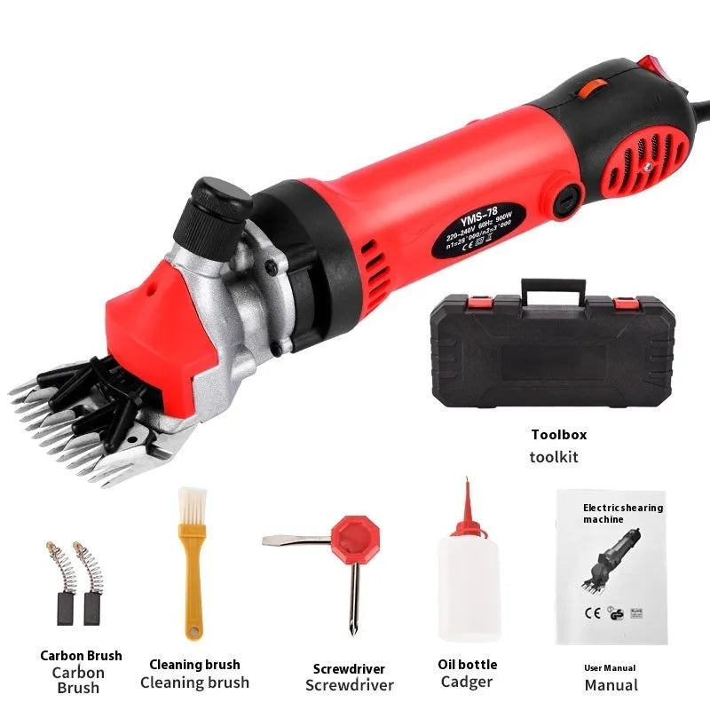 Yellow electric wool shearing machine with 110V plug and multiple blade sets in a plastic storage box
