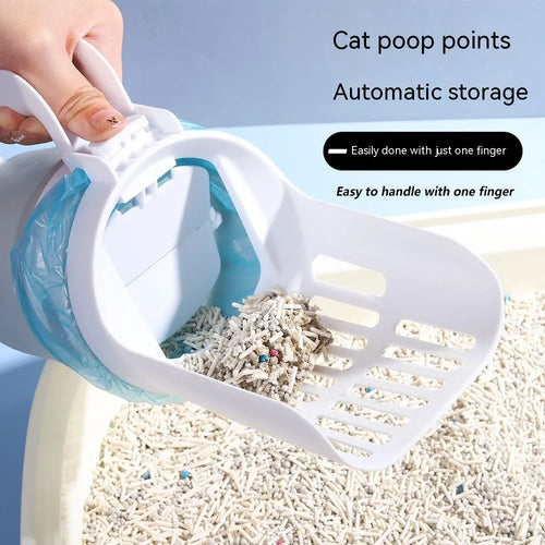 Grey self-cleaning cat litter scoop with attached waste bin and foldable bottom