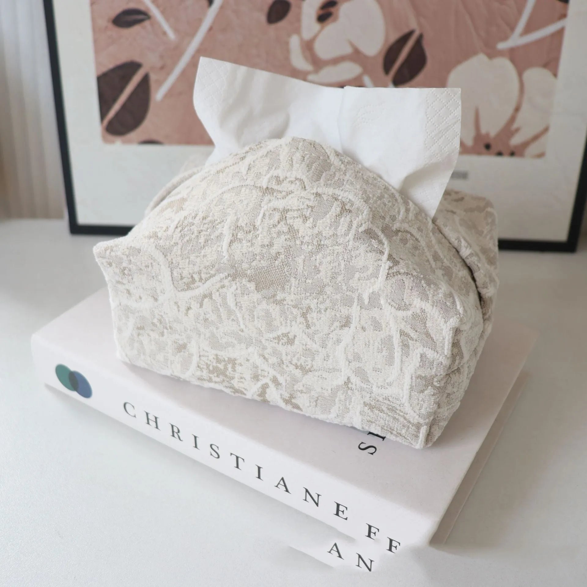 Chinese style cotton fabric tissue box cover with rose pattern in beige, blue, or brown.