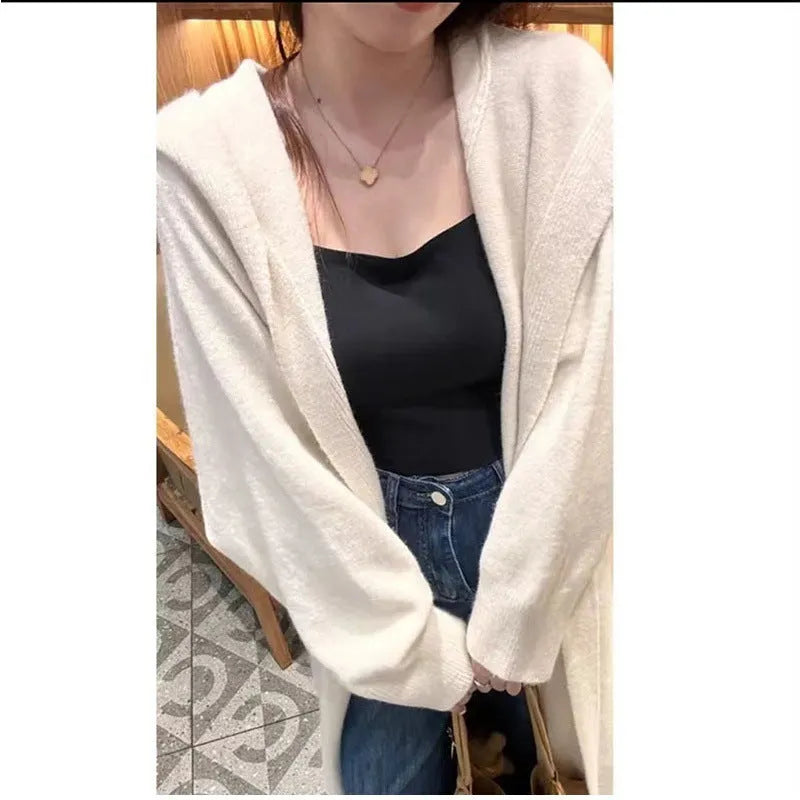 Long grey hooded knitted cardigan for women in loose Korean-style fit.