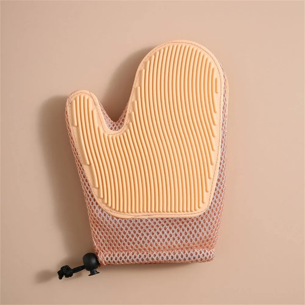 Right-hand pet grooming glove for hair removal and massage in dark blue, light green, or yellow