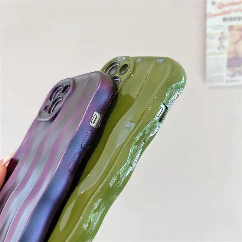 Silicone iPhone 17 case with water ripple texture in burgundy, green, silver, purple, and beige colour options