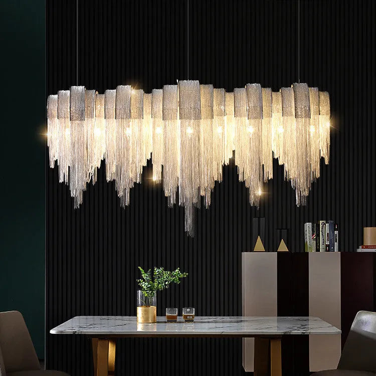 Silver Nordic aluminum LED chandelier with PMMA lampshade on ceiling in modern living room