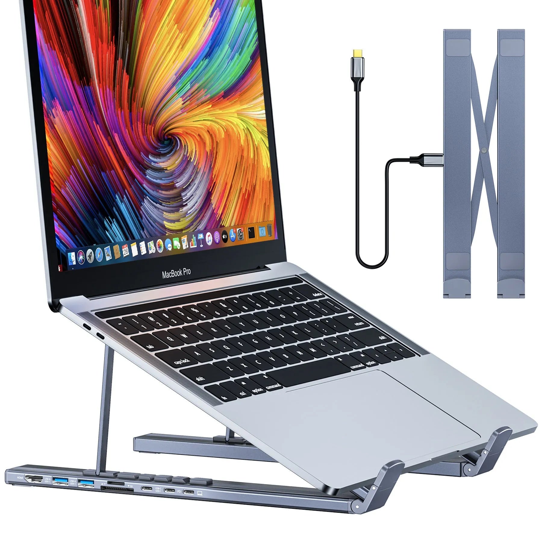 Aluminium alloy folding docking station laptop stand with multiple connectivity ports
