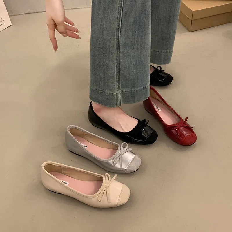 Retro ballet flat shoes in wine red with bow detail and square toe