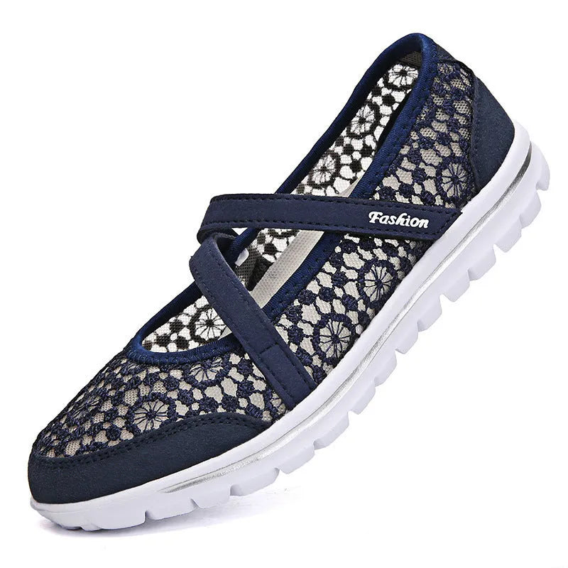 Women's breathable mesh casual lace-up shoes in beige, black, blue, light gray, and light purple colours