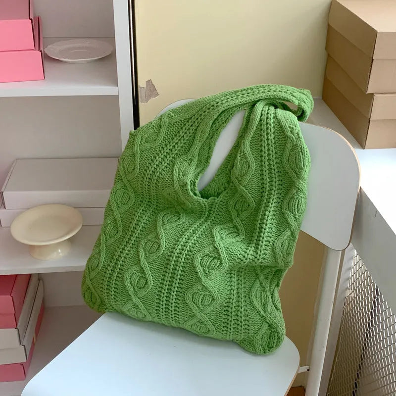 Women's retro crochet knitted polyester yarn shoulder tote bag in solid colour with double straps