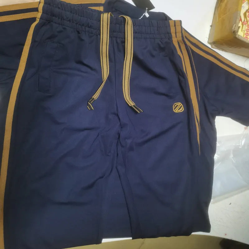 Men's blue ice silk style short sleeve suit set with matching trousers on hanger
