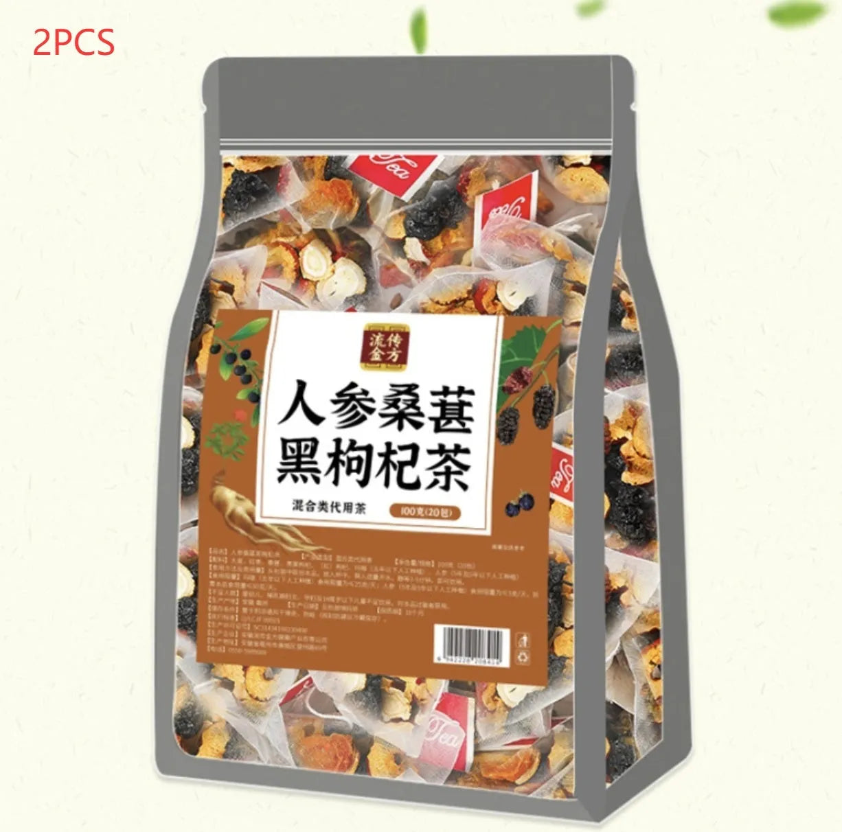 Box of Ginseng Mulberry Black Wolfberry Tea showing 40 individual 5g sachets totaling 200g.