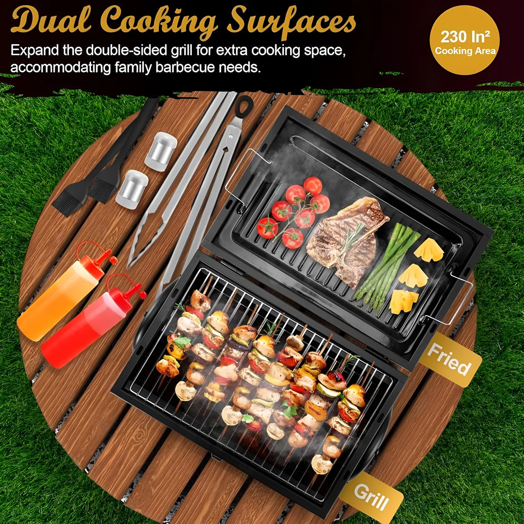 Small folding desktop charcoal barbecue grill with a compact, collapsible metal frame.
