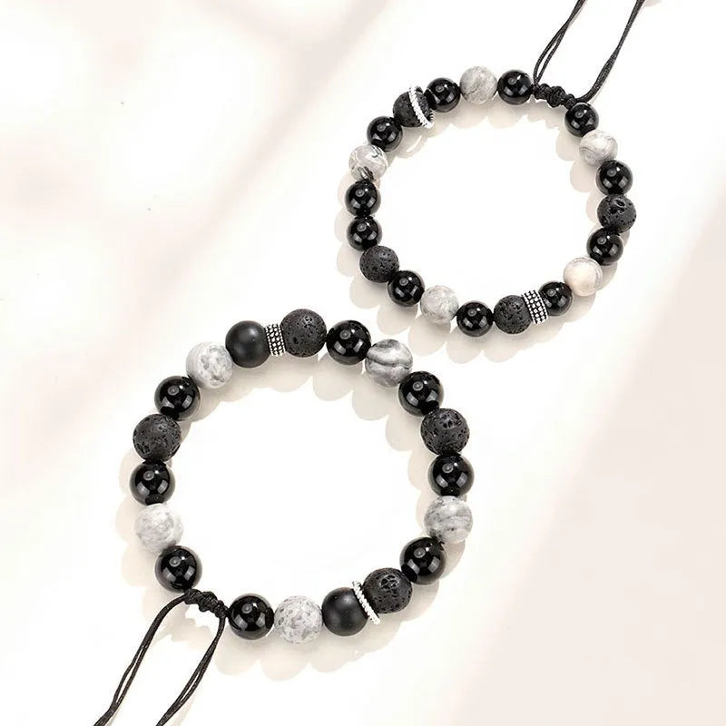 Black agate and volcanic rock diamond-shaped bracelet with electroplated finish