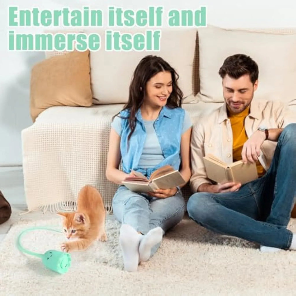 Automatic electronic cat wand toy with green silicone swinging tail for indoor feline play