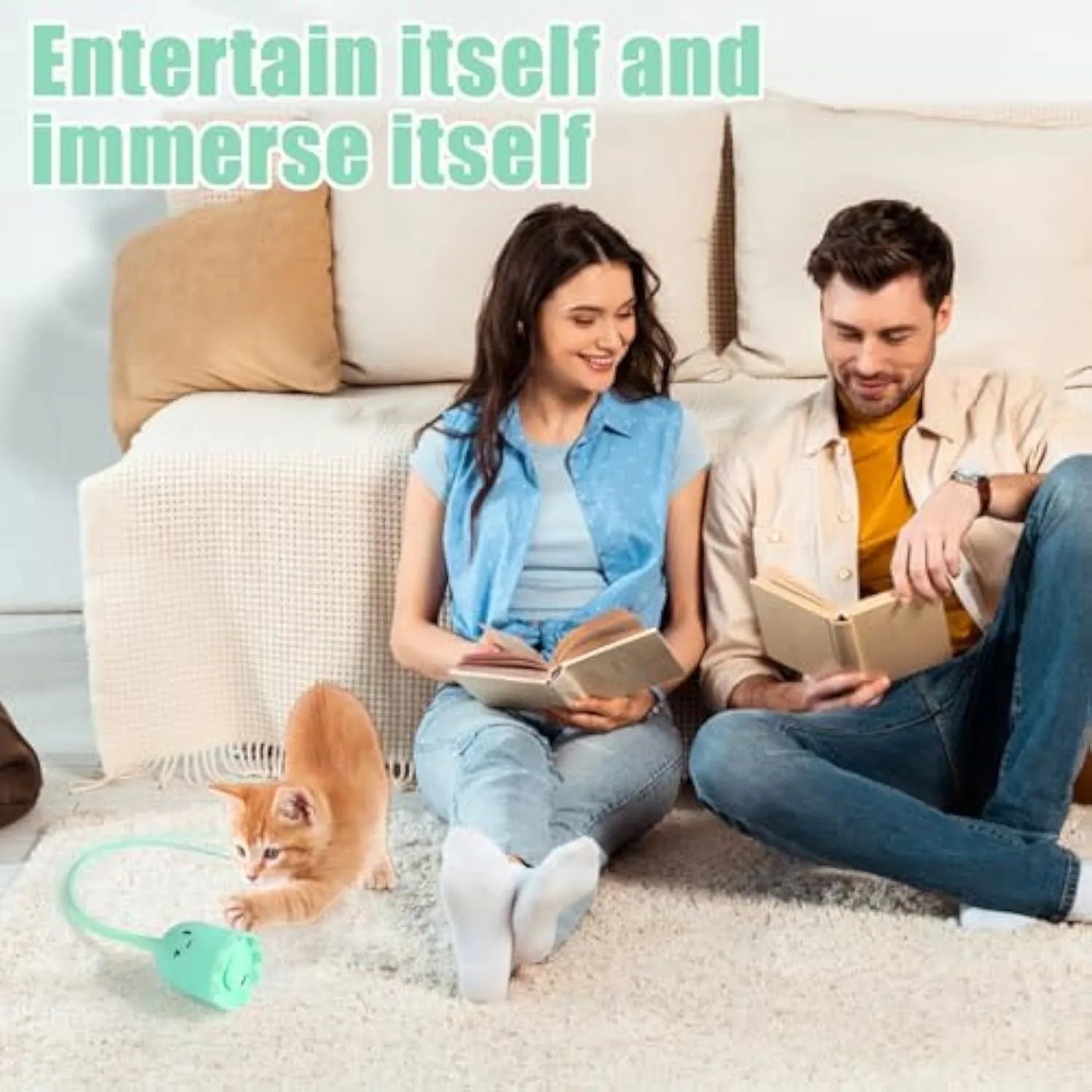 Automatic electronic cat wand toy with green silicone swinging tail for indoor feline play