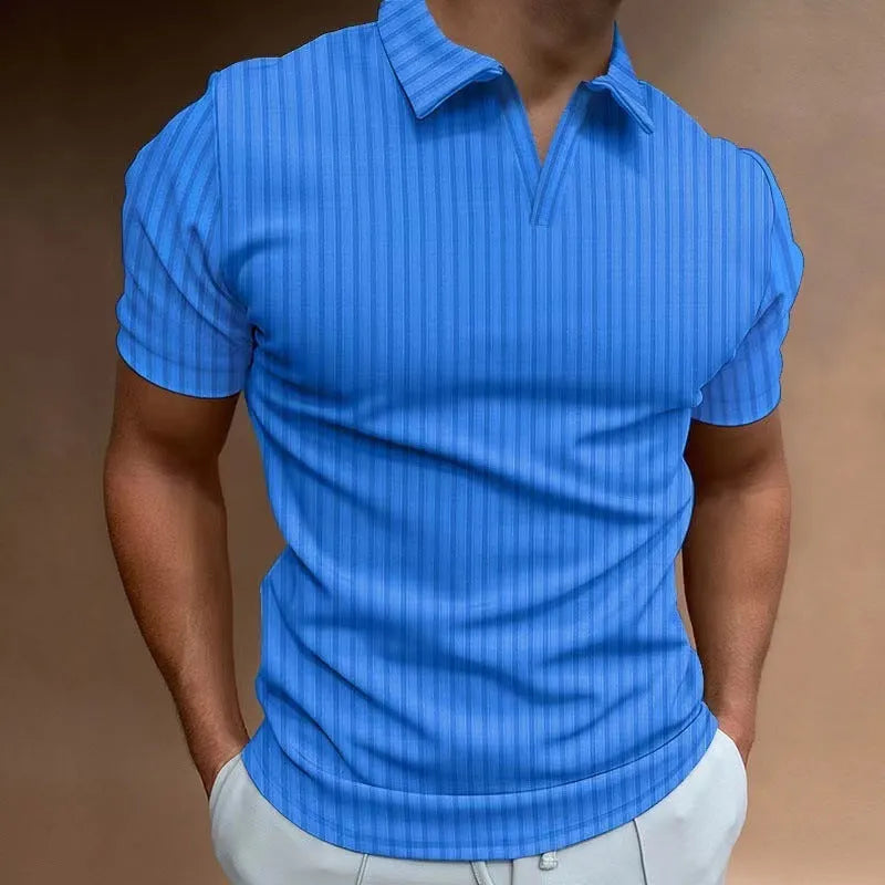 Men's striped V-neck polo shirt in high elastic cotton blend fabric for summer sports wear