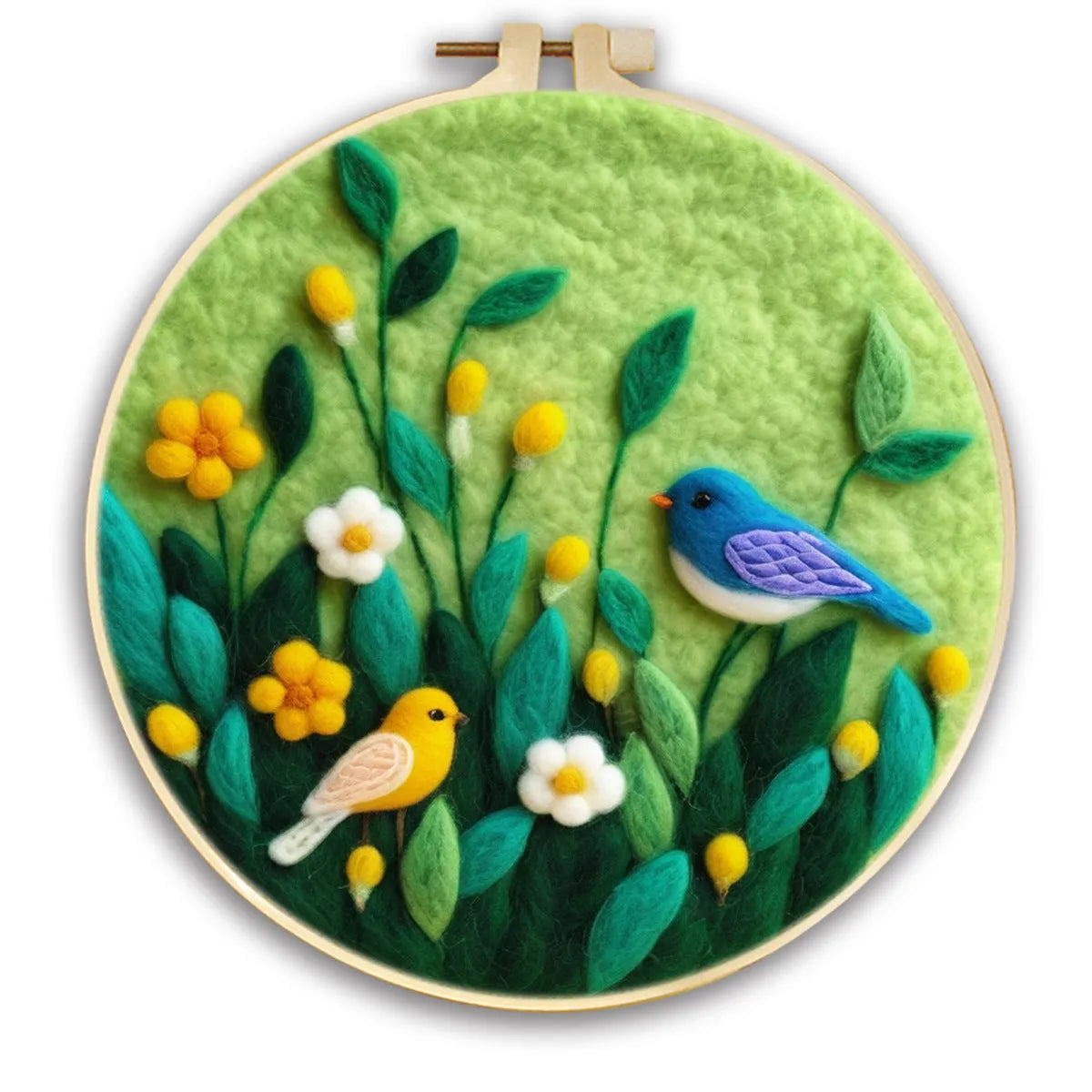 Round linen embroidery kit with wool felt pieces for 3D flowers and leaves, includes a free frame.
