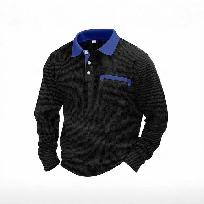Men's long-sleeved waffle texture polo shirt with asymmetric design in available colours