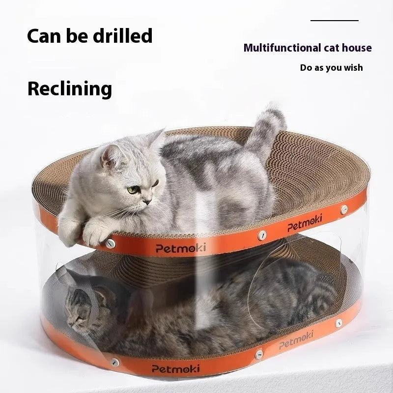 White transparent PVC cat tunnel attached to diamond pattern corrugated scratch board