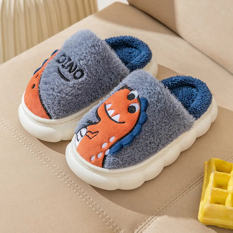 Cotton plush dinosaur couple slippers in three colour options with thickened sole for indoor winter wear