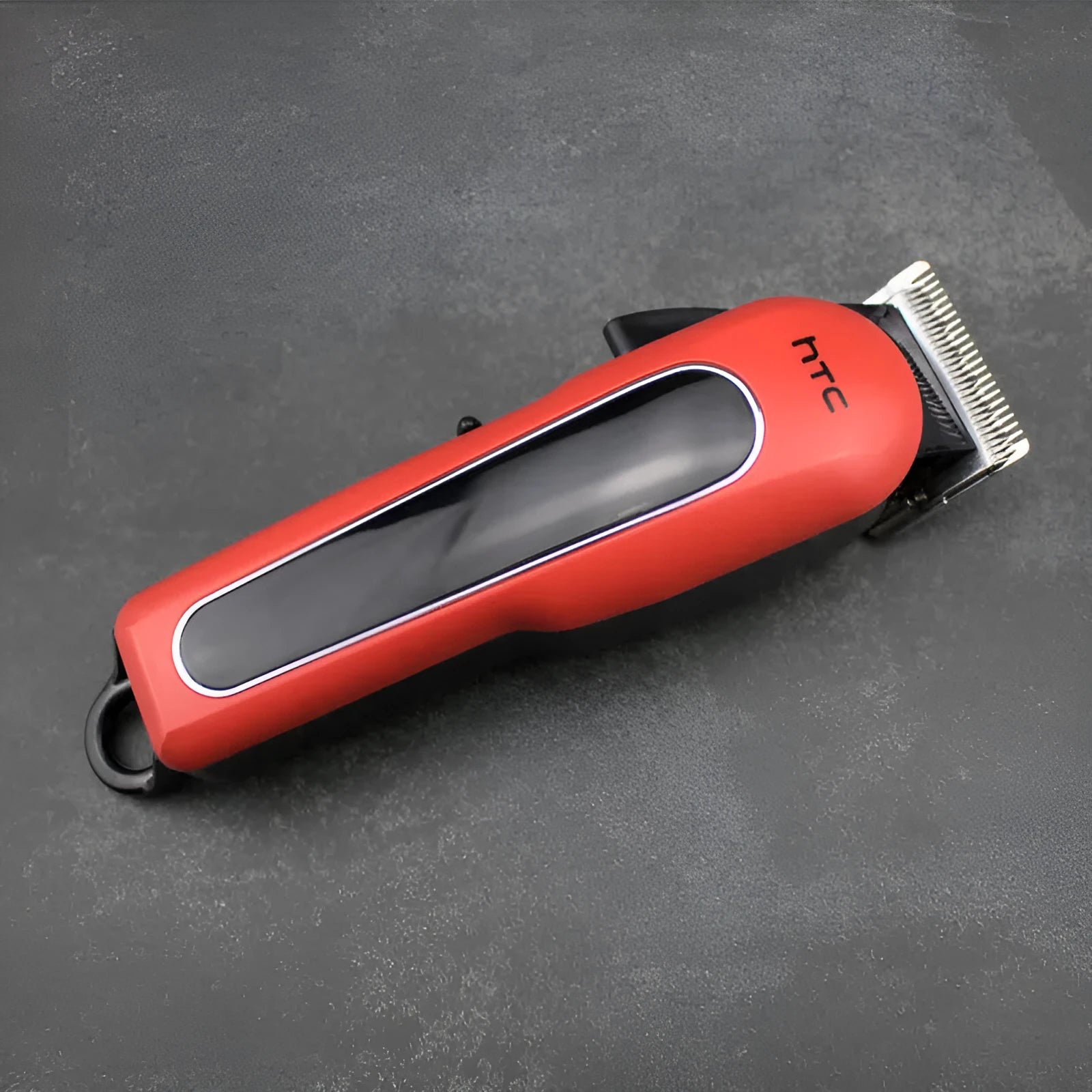 Professional digital hair clipper in black, red, or white with charger, combs, and maintenance tools.