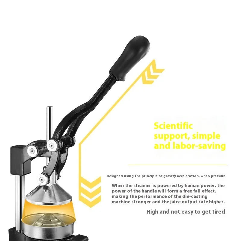 Manual citrus juicer with cast iron base and stainless steel strainer in black or white finish