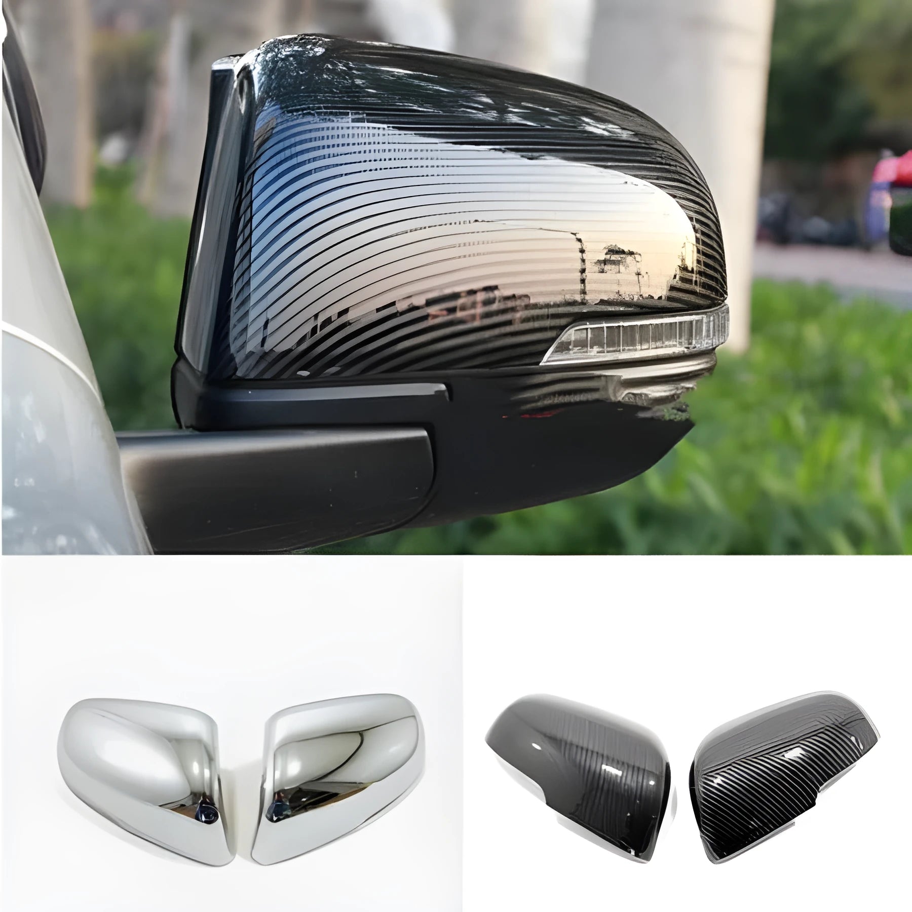 Plastic rearview mirror protection covers in electroplated silver and carbon fibre black finishes