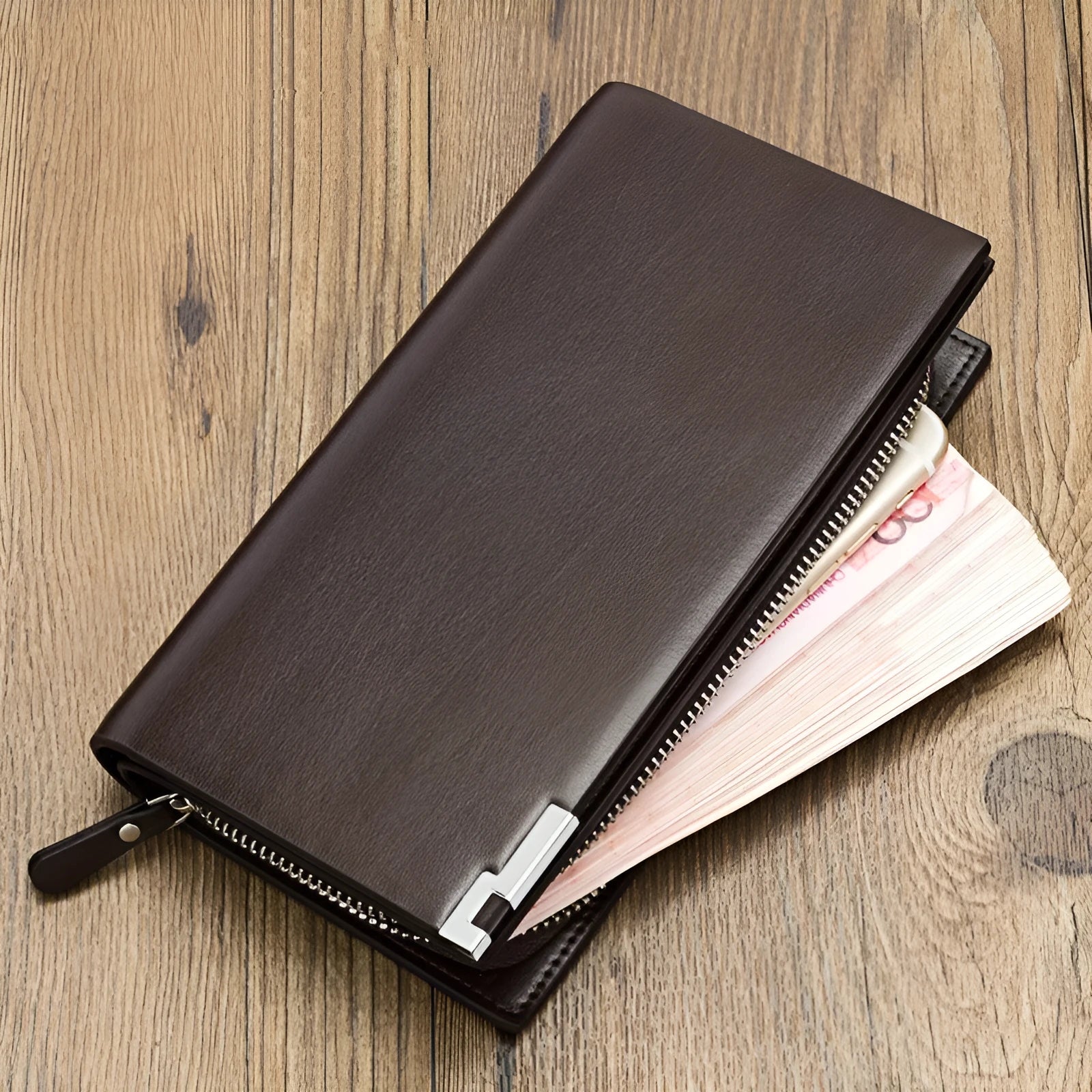 Men's black PU leather wallet with long zipper closure showing interior organisation
