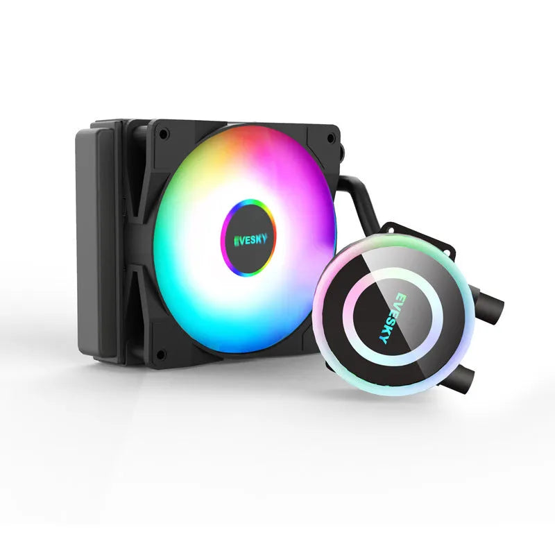 CPU liquid cooling radiator and fan with aluminium fins and optional RGB lighting.
