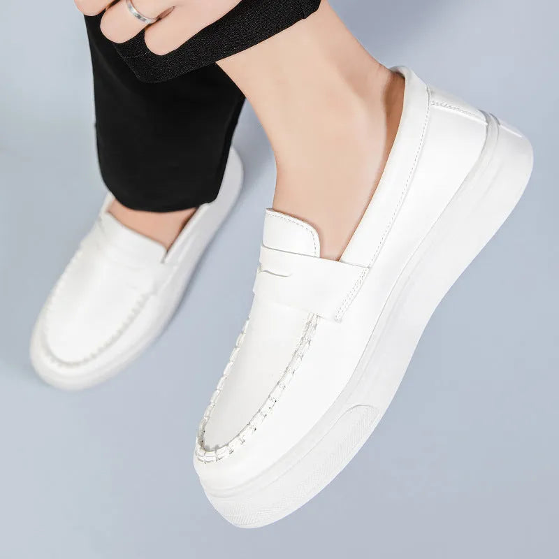 British style casual leather shoes in artificial PU material with round toe, shown in white colour