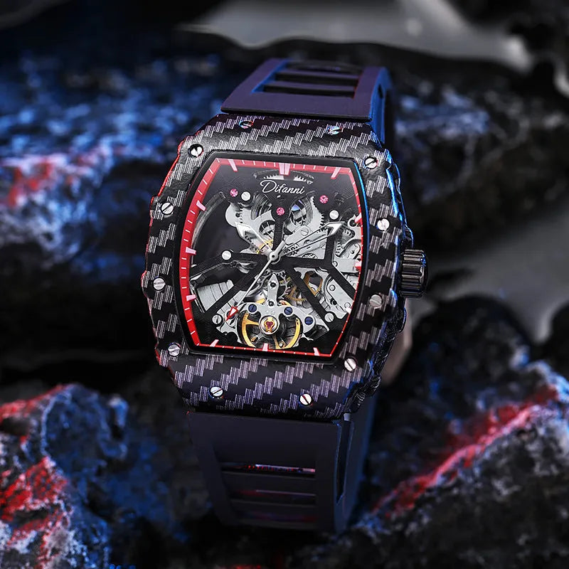 Men's mechanical luminous waterproof watch with black dial and rubber strap