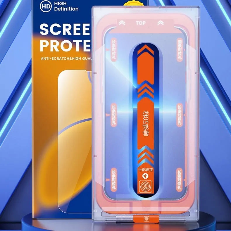 HD tempered glass screen protector for iPhone with dust-proof membrane and second sticker box