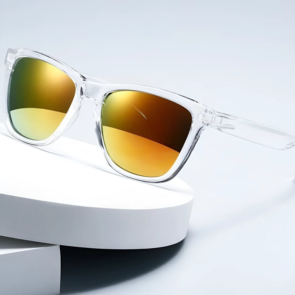 Pair of sun protection sunglasses with plastic frame in black with black gray lenses