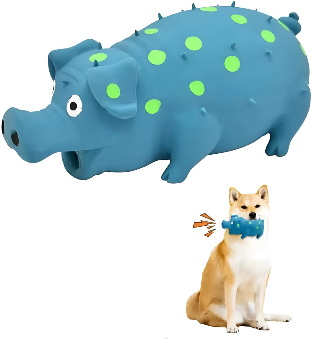 Latex pig-shaped dog chew toy with protruding grain texture in assorted colours