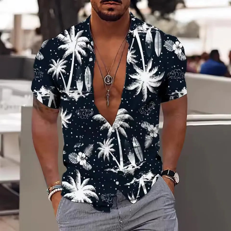Men's loose-fit floral print short sleeve beach shirt in a colour from the available range.