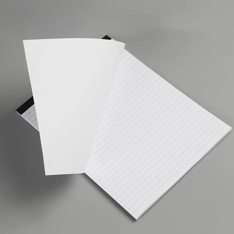 A4 tearable notebook with grid-lined ivory pages and wireless adhesive binding, shown in both A4 and A5 sizes