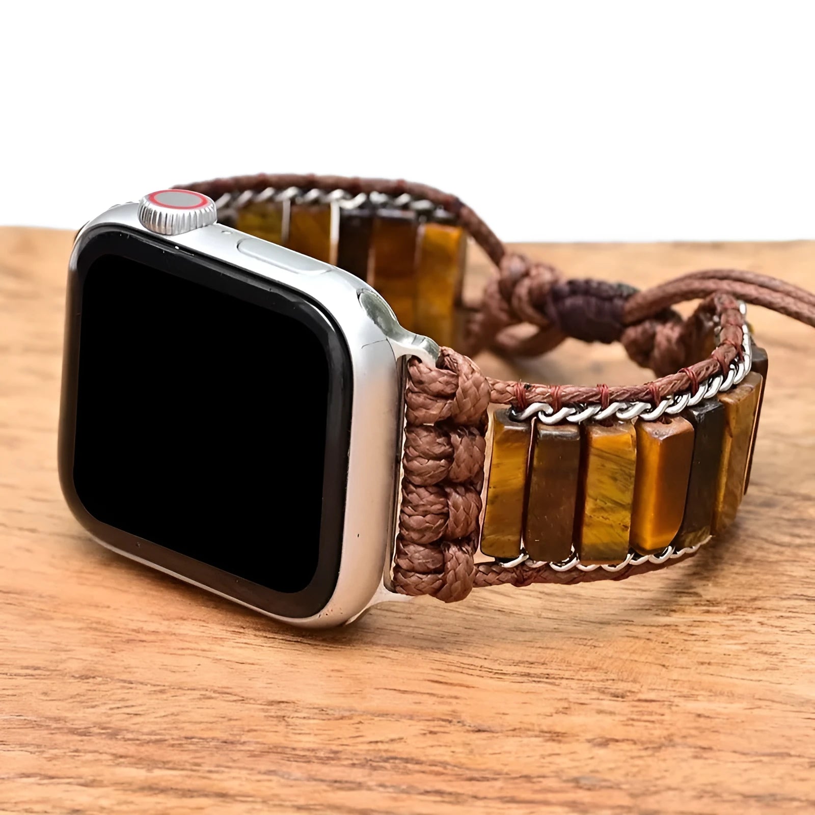 Rectangular tiger eye stone chain on a brown adjustable textile watch strap for men.