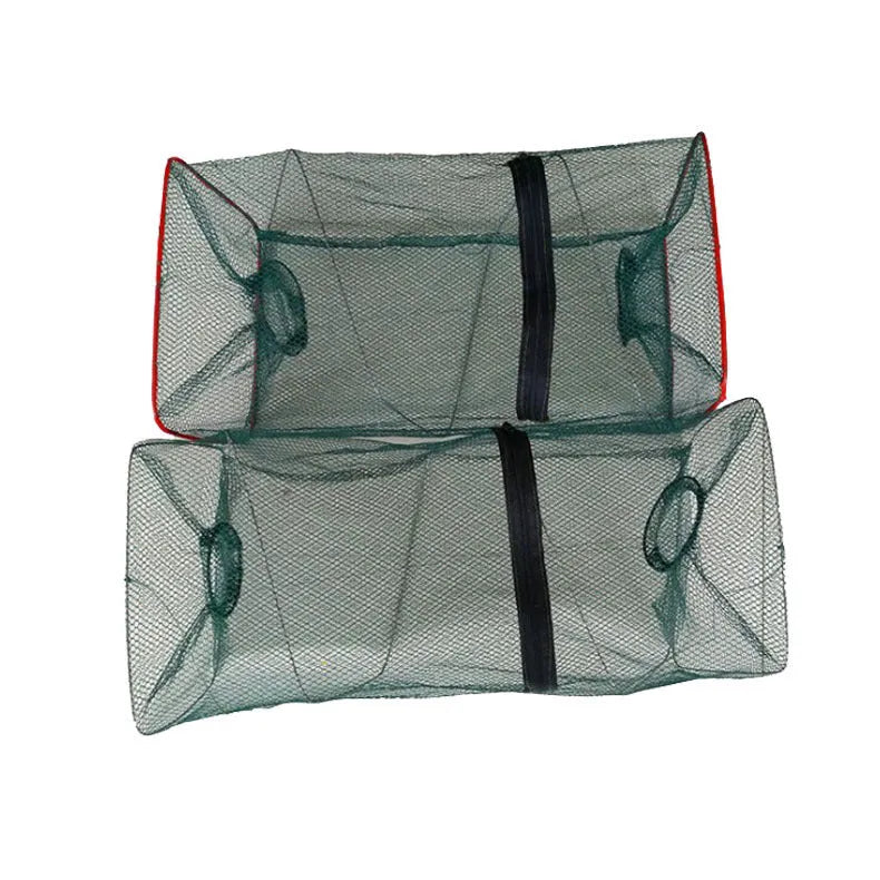 Two-hole folding lobster basket made from nylon with collapsible design and red plastic tube option for saltwater fishing