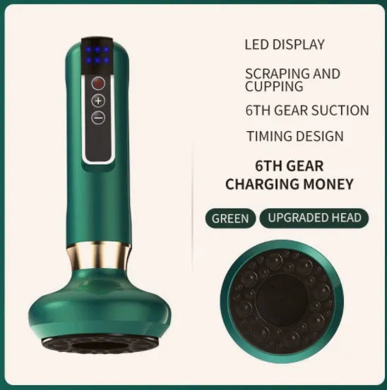Green electric vacuum cupping massager with USB charger and essential oil head