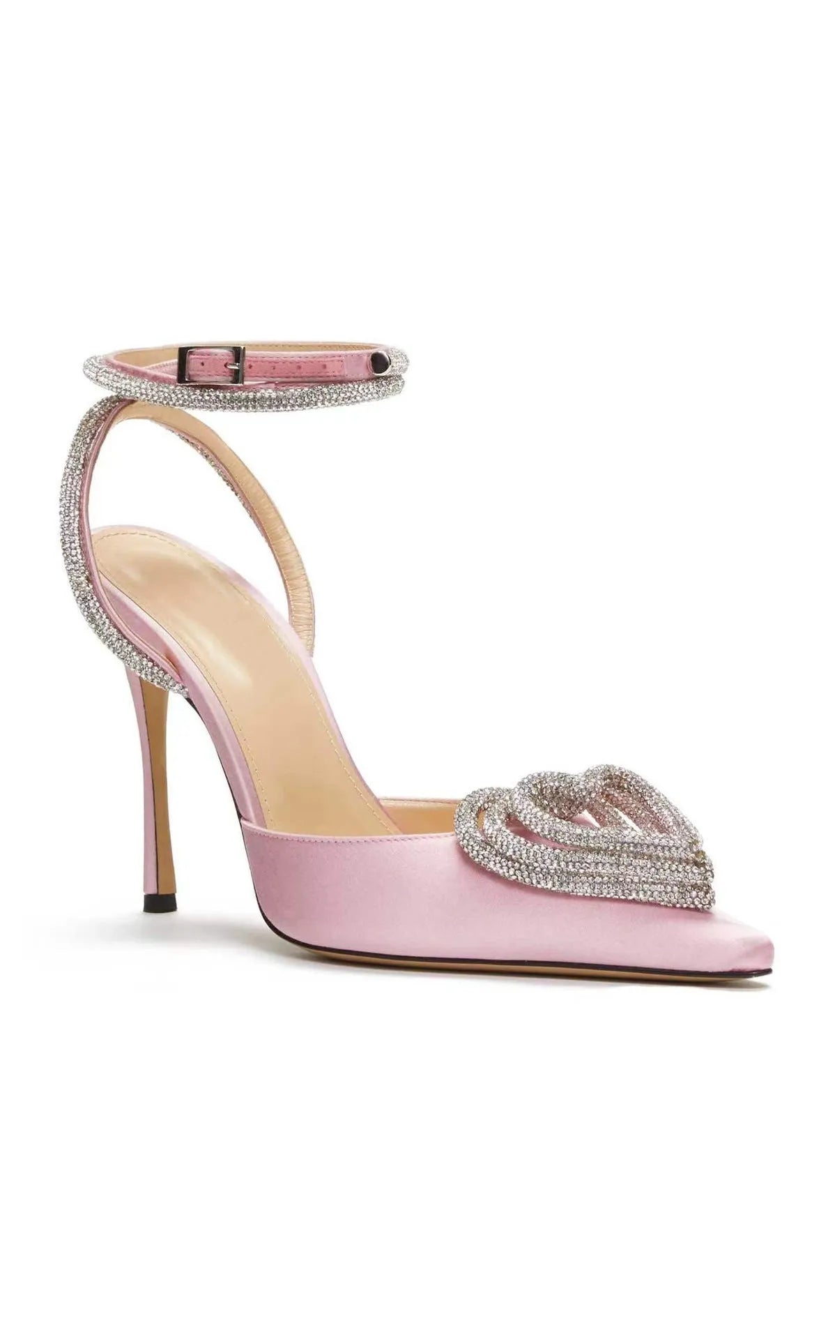 Women's pink satin sandal with rhinestone heart decoration, pointed toe, and cross-belt strap.